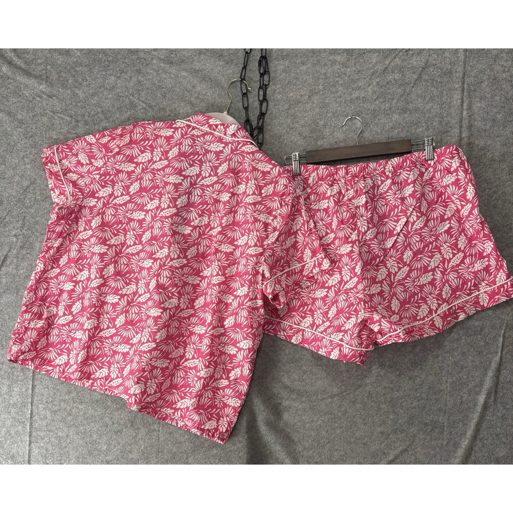 J Crew Pajama Short Set Womens XXL Pink Foliage Pocket Drawstring Lightweight - Picture 2 of 10